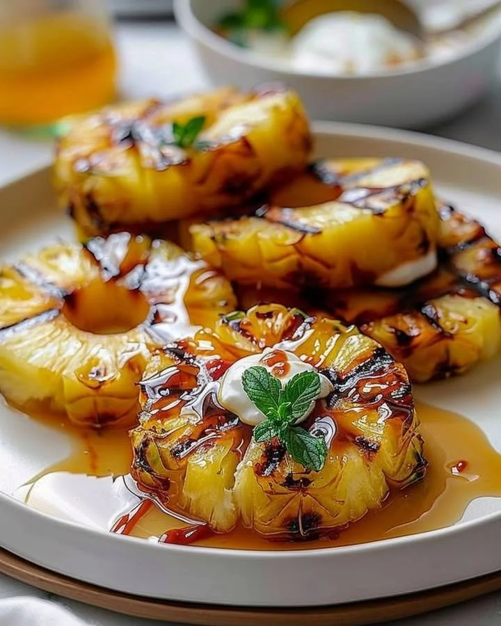 Juicy grilled pineapple slices served on a plate.