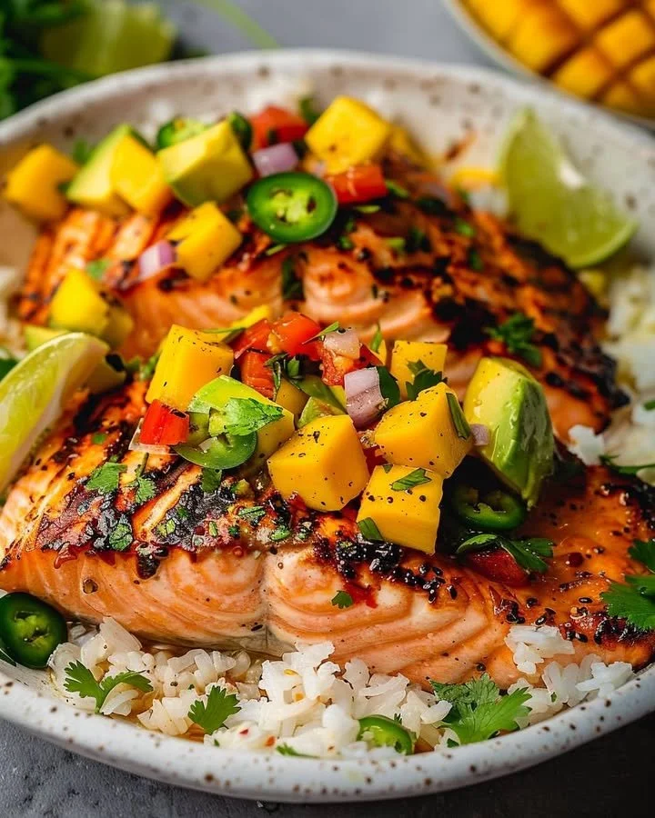 Grilled salmon fillet served with mango salsa on a colorful plate