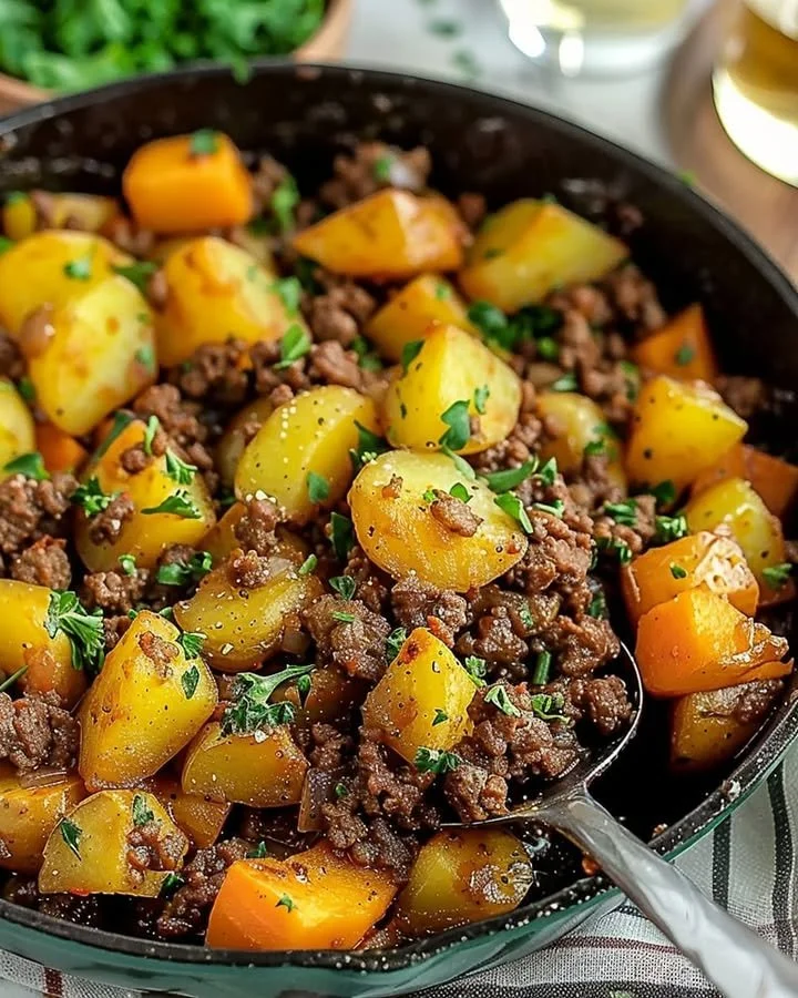 A hearty dish of ground beef and potatoes served in a bowl, garnished with herbs.