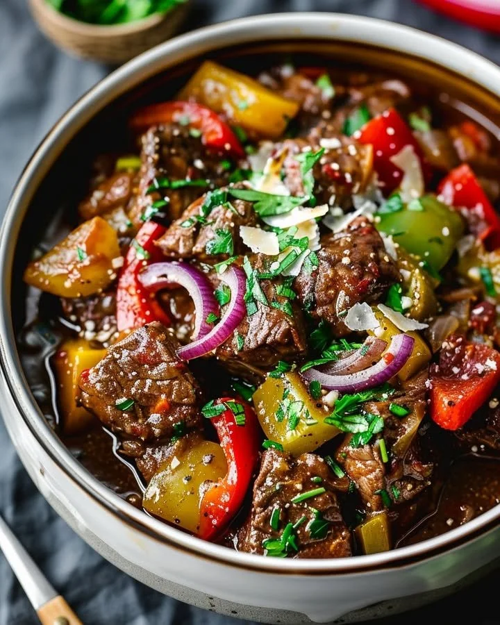Delicious bowl of Guinness braised beef stew with vegetables and herbs