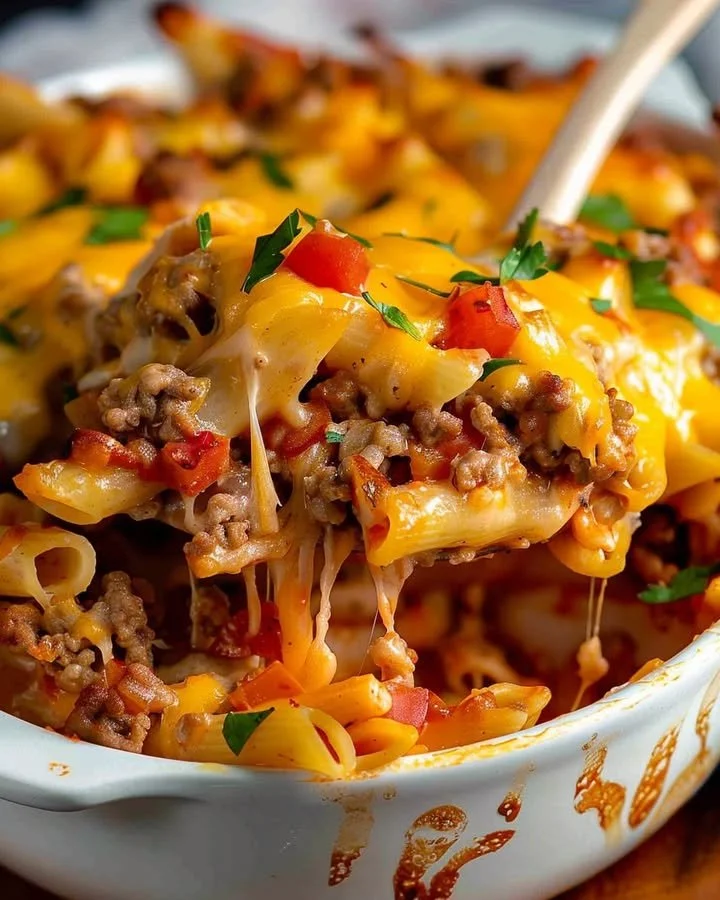 Delicious homemade Hamburger Casserole served in a dish, topped with cheese and garnished.