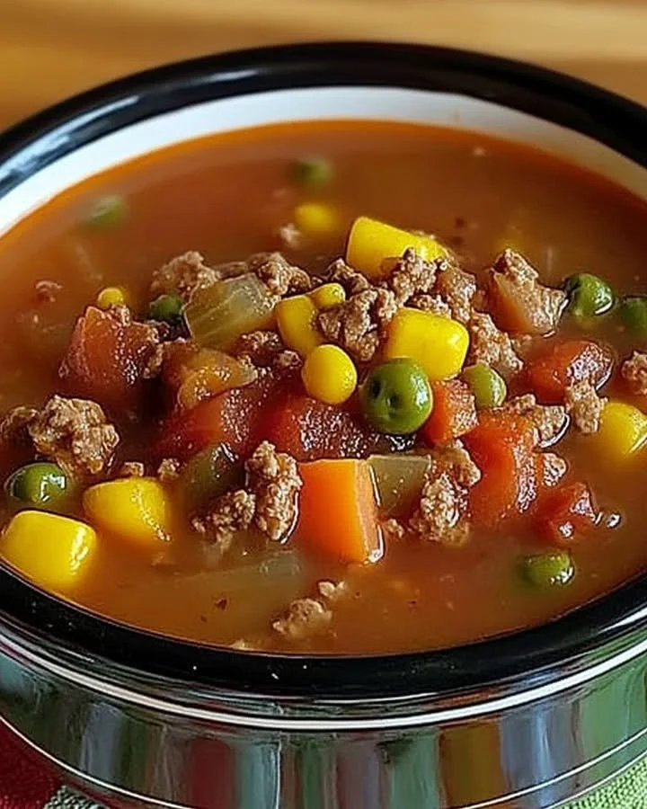Delicious heart crock pot cowboy soup ready to serve in a bowl.