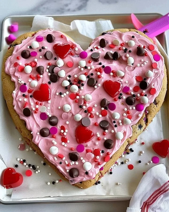 Heart-shaped cookie cake decorated for Valentine's Day celebration