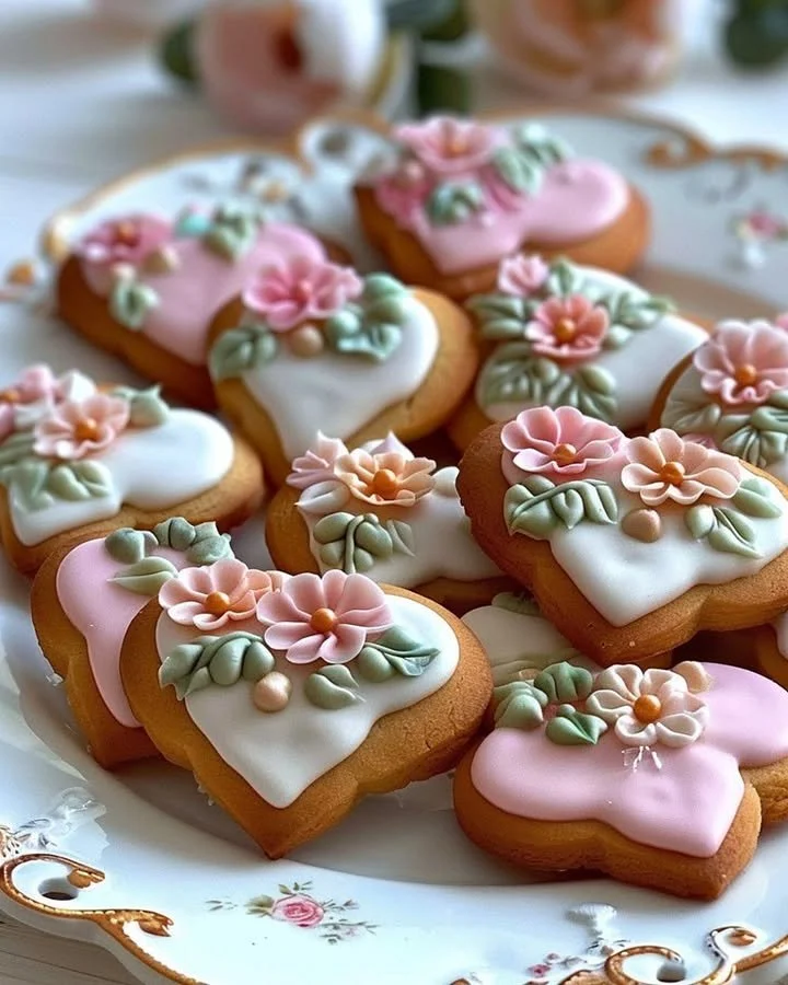 Beautiful heart shaped cookies decorated with royal icing and fondant flowers