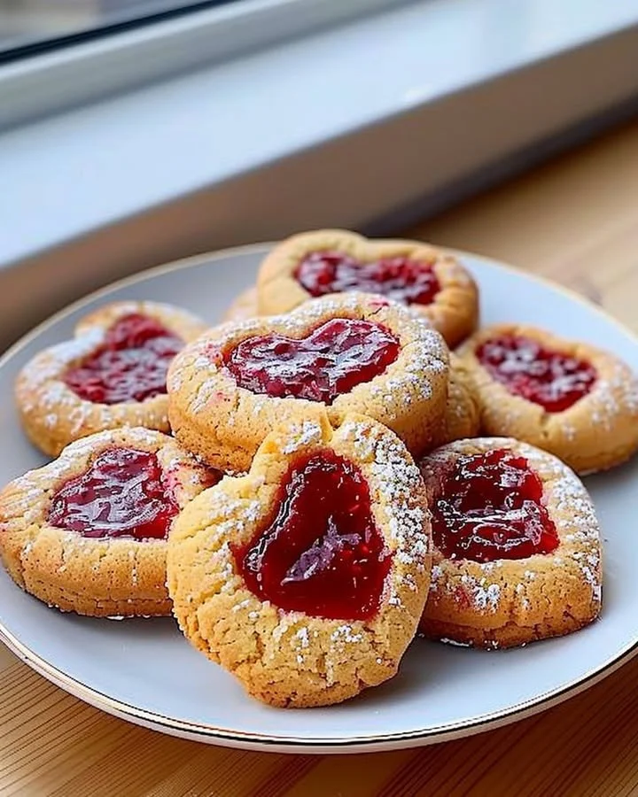 Heart-shaped raspberry jam cookies with a dusting of powdered sugar
