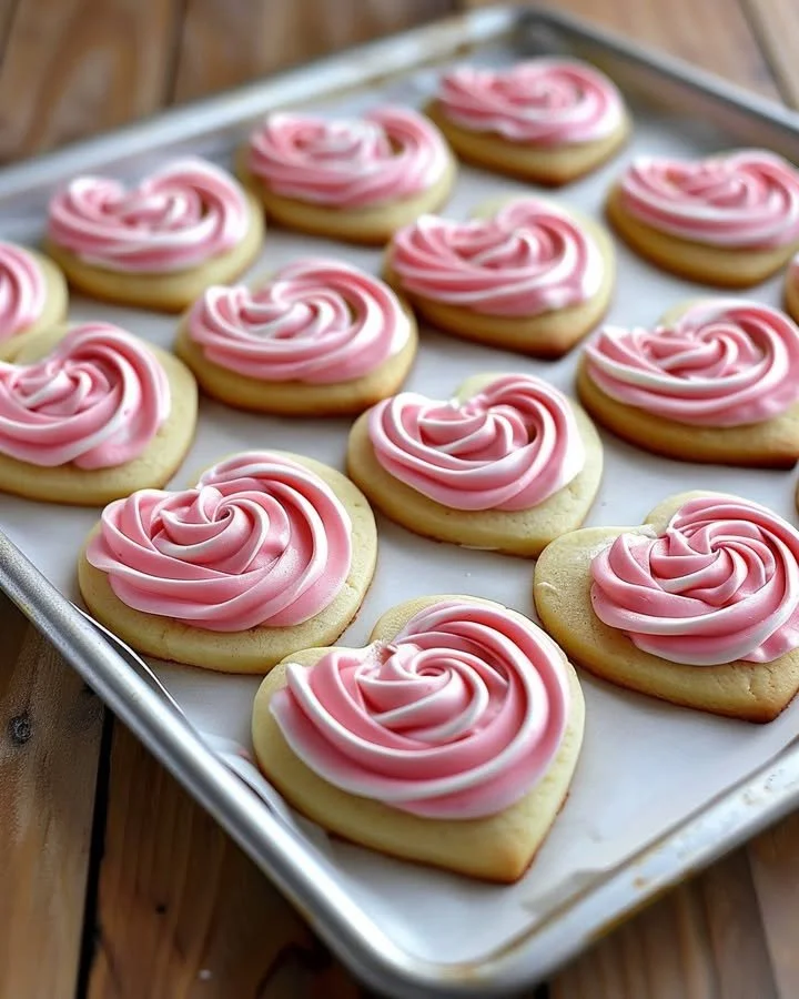 Heart-shaped sugar cookies decorated with colorful buttercream roses