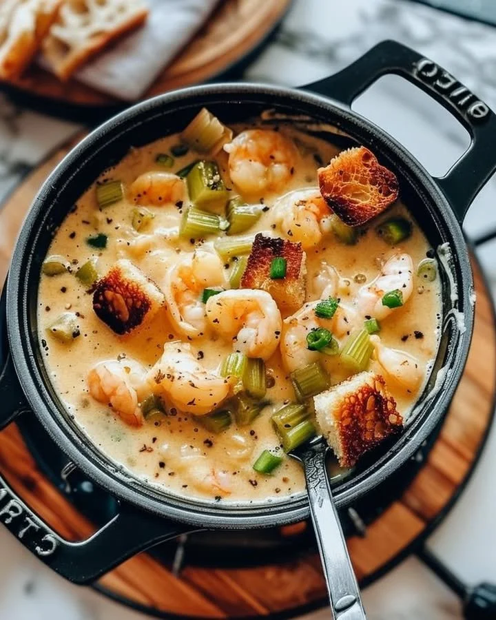 Bowl of hearty shrimp bisque garnished with herbs and spices