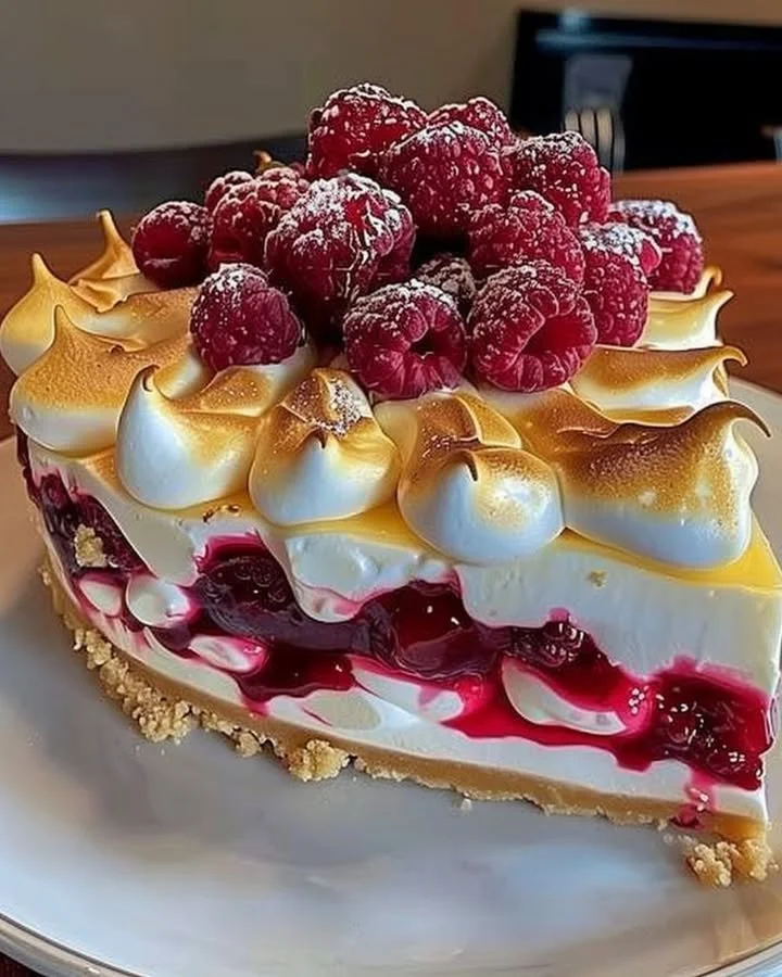 Heavenly Lemon Raspberry Meringue Cheesecake topped with fresh raspberries and meringue