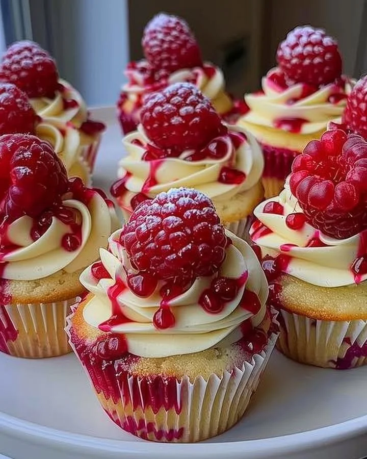 Heavenly raspberry cheesecake cupcakes topped with fresh raspberries and whipped cream.
