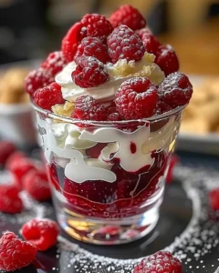Heavenly raspberry white chocolate mousse parfait served in a glass with fresh raspberries.
