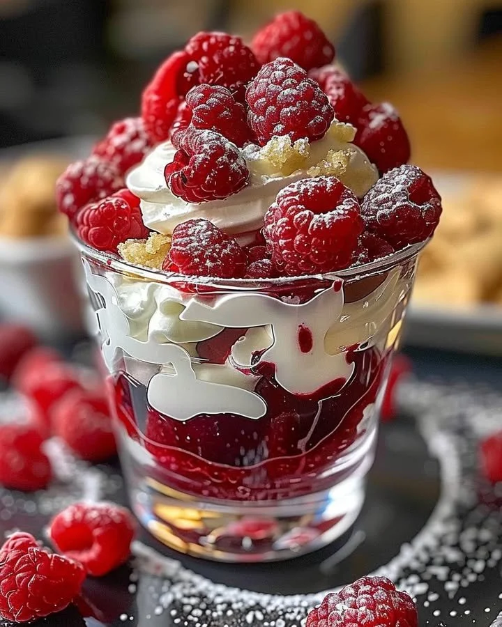 Heavenly raspberry white chocolate mousse parfait served in a glass with fresh raspberries.