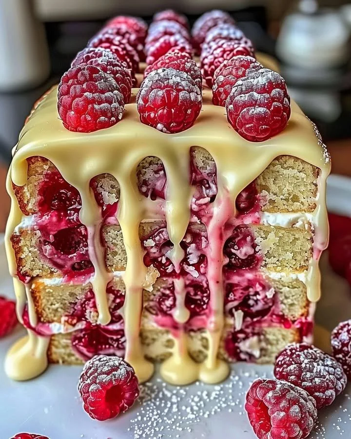 Delicious slice of heavenly white chocolate raspberry cake with fresh raspberries