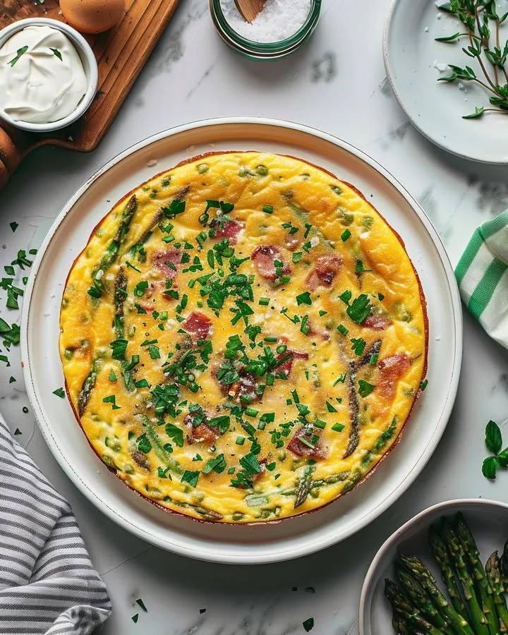 Herb frittata with asparagus and pancetta served on a plate