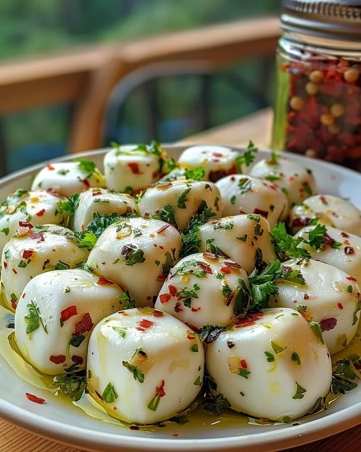 Herbed marinated mozzarella with olive oil and garlic served in a dish