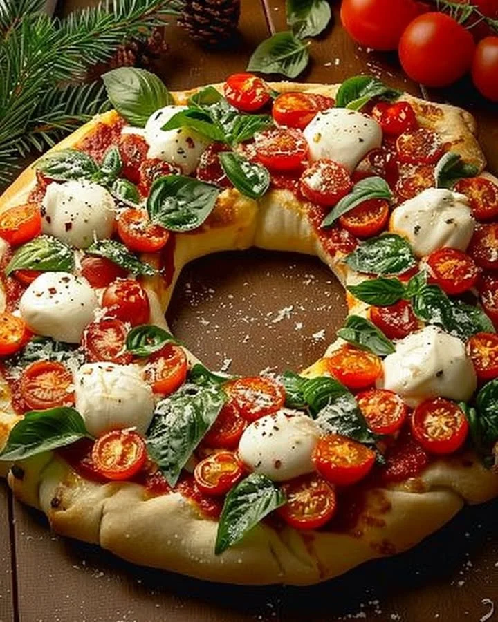 Festive holiday wreath pizza topped with fresh ingredients and herbs
