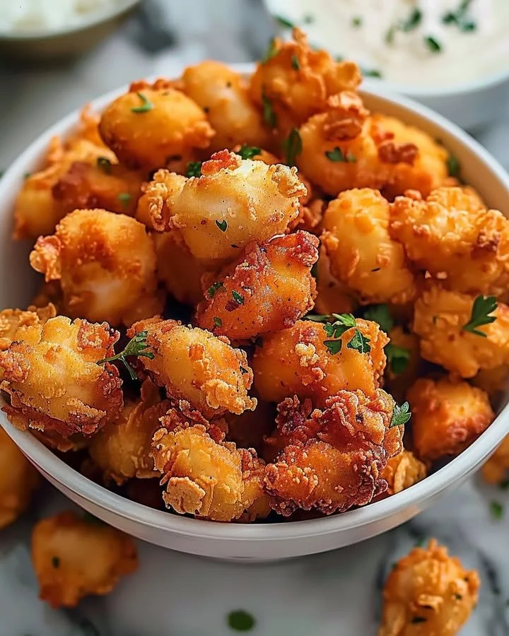 Delicious homemade popcorn chicken served with dipping sauce