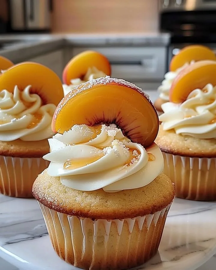 Honey Peach Cream Cheese Cupcakes topped with creamy frosting and peach slices.