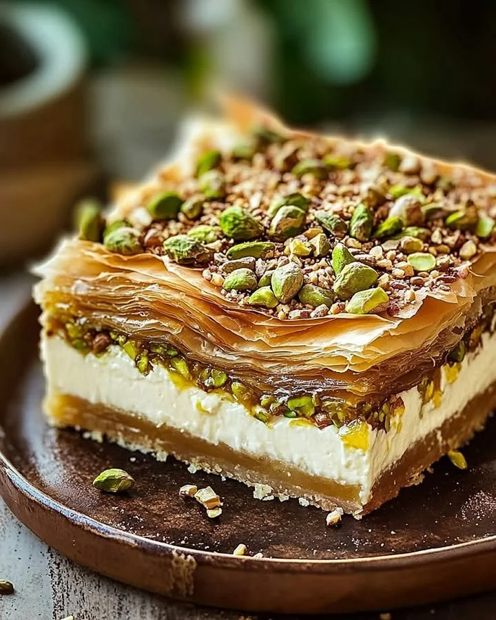Honey Pistachio Baklava Cheesecake slice with honey drizzle and crushed pistachios
