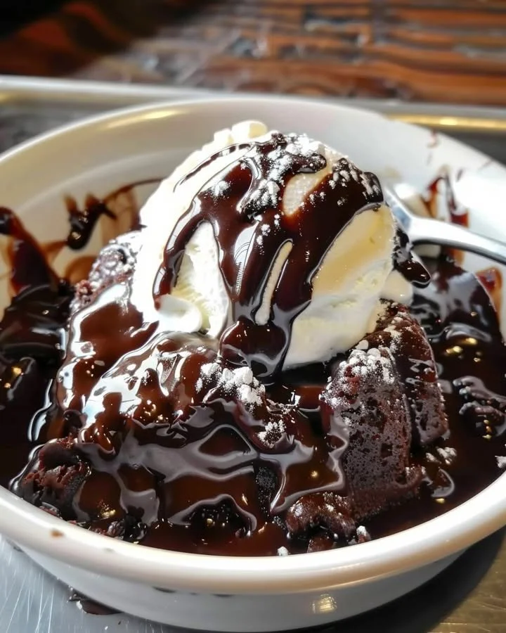 Delicious Hot Fudge Chocolate Pudding Cake topped with fudge sauce