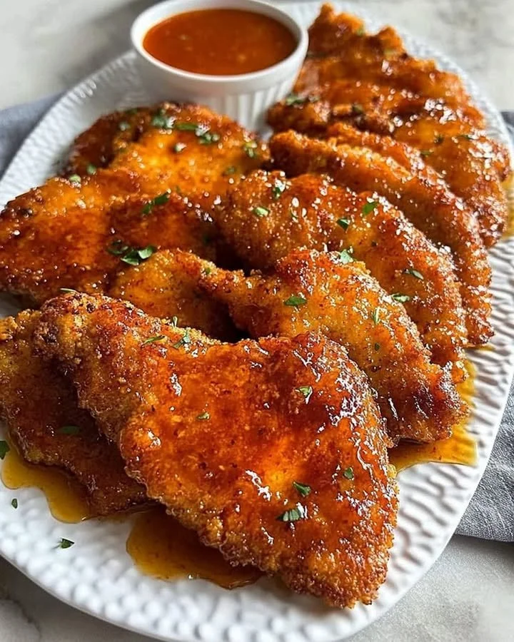 Hot honey chicken cutlets served on a plate garnished with herbs.