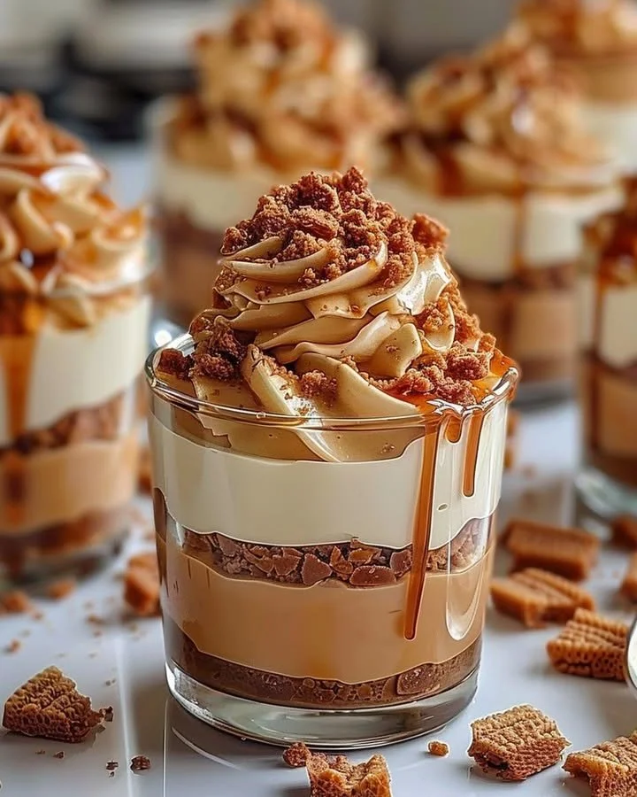 Indulgent Biscoff cheesecake cups with a crunchy topping