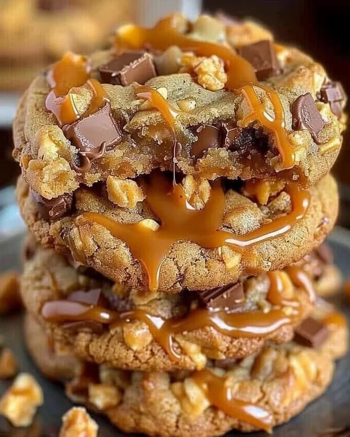 Batch of irresistible Butterfinger caramel crunch cookies on a baking tray
