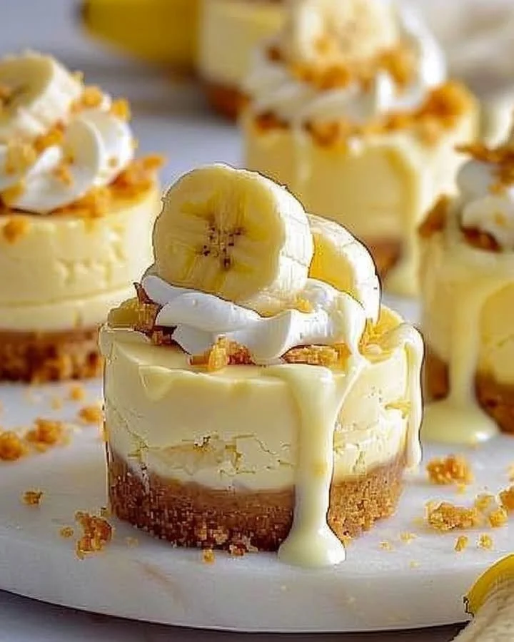 Delicious mini banana pudding cheesecakes served in clear cups