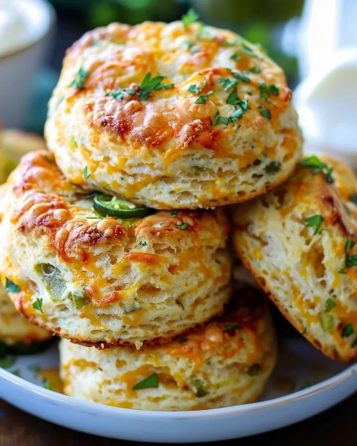 Freshly baked jalapeño cheddar biscuits on a rustic wooden table.