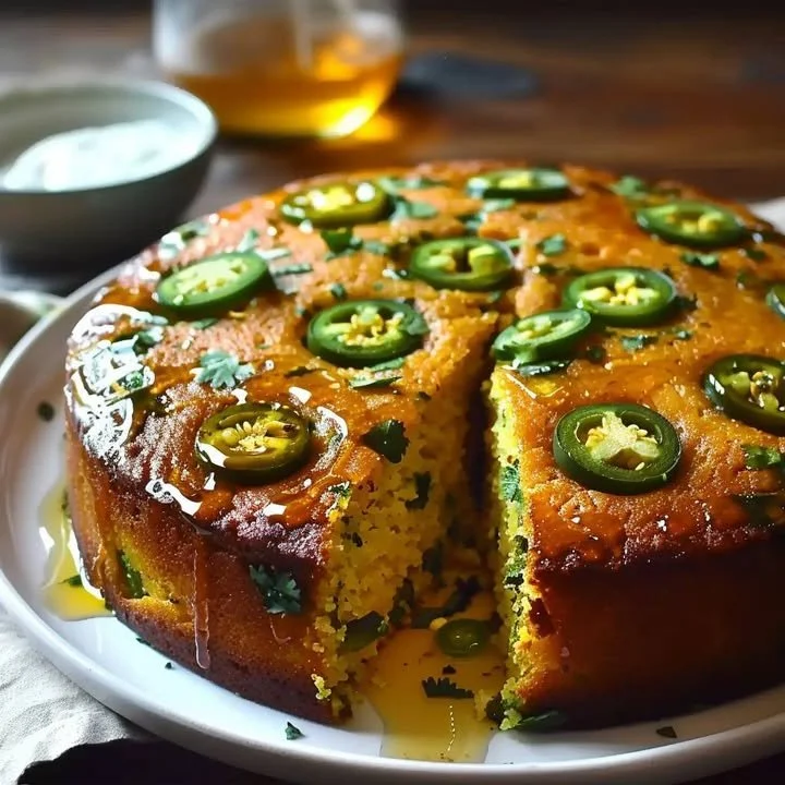 Slice of jalapeño cornbread with lime honey glaze on a rustic plate