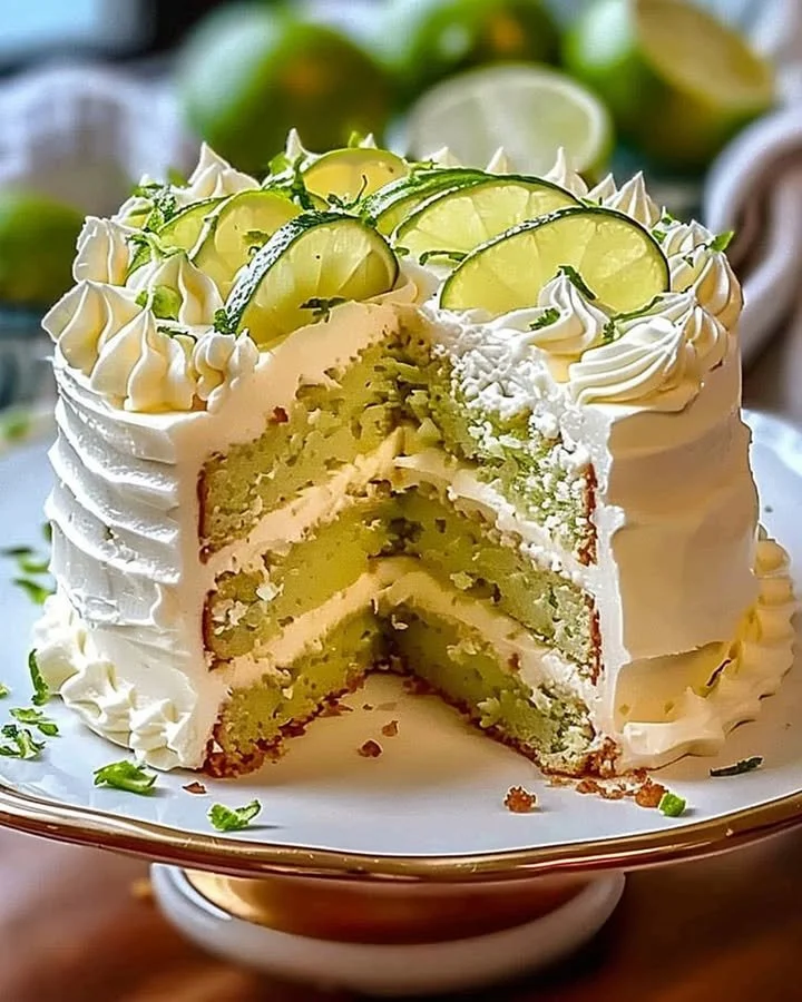 Delicious Key Lime Cake with Key Lime Cream Cheese Frosting on serving plate.