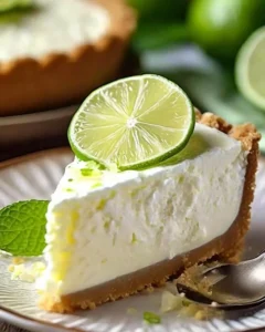 Delicious Key Lime Cheesecake with a tart lime flavor and creamy texture.
