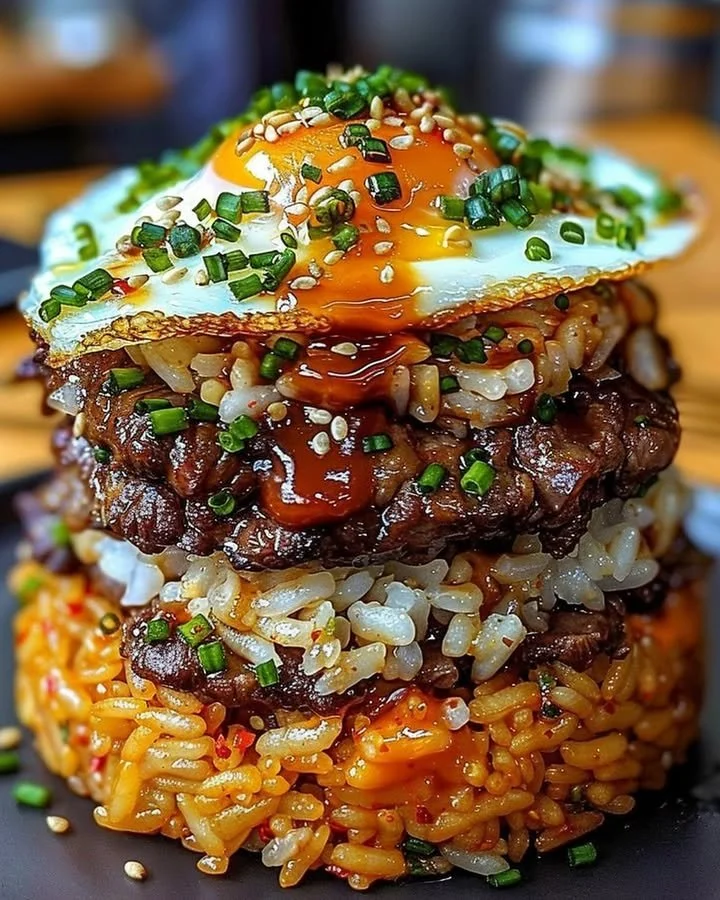 Korean BBQ Beef Rice Stack served with vegetables and sauce