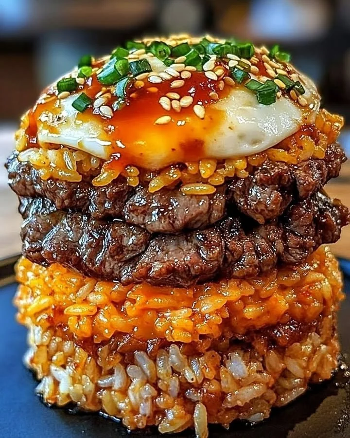 Korean BBQ Beef Rice Stack with marinated beef and rice served beautifully