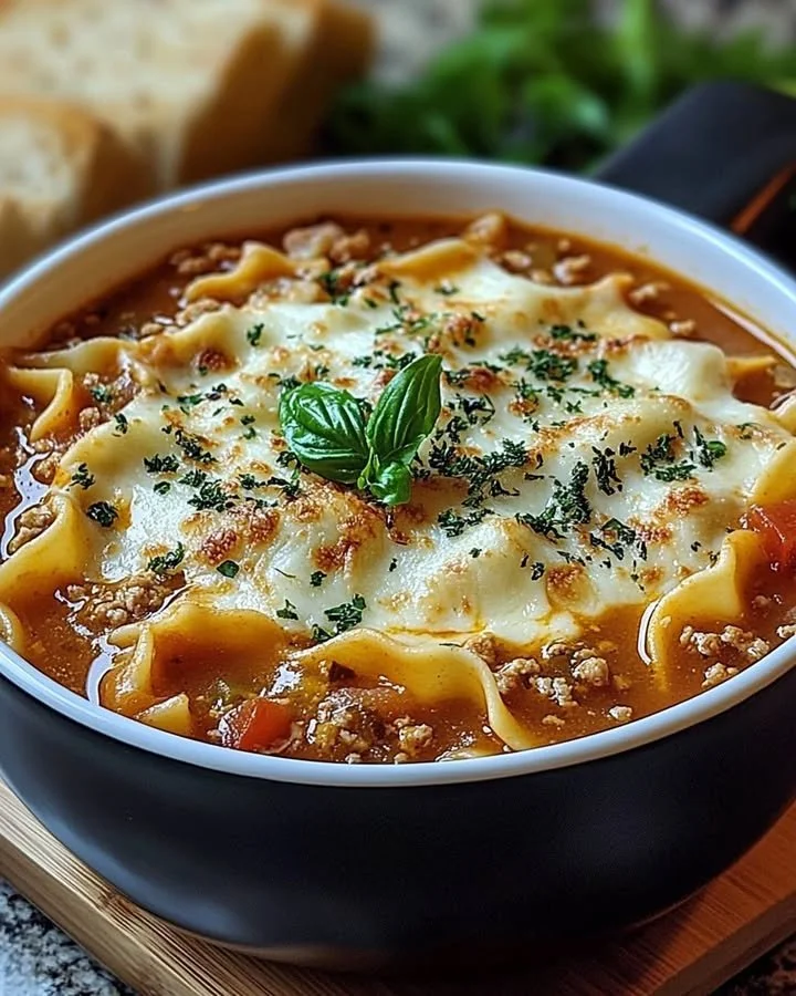 Delicious bowl of Lasagna Soup with cheese and herbs.