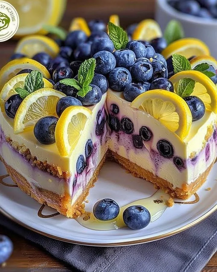 Slice of Lemon Blueberry Cheesecake topped with fresh blueberries