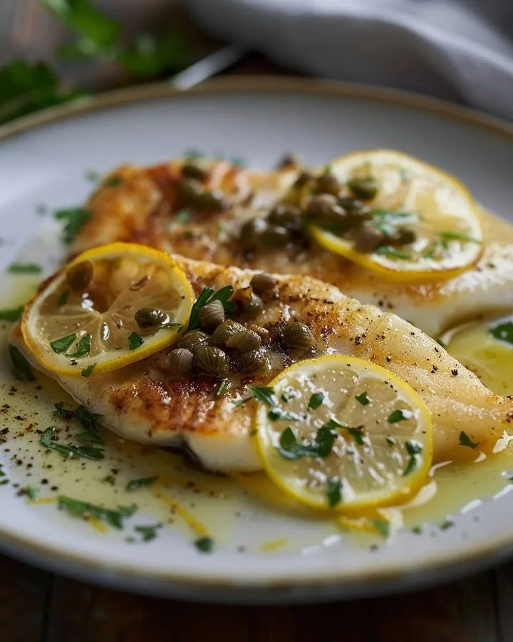 Delicious Lemon-Caper Butter Sole dish served with a lemon wedge and capers.