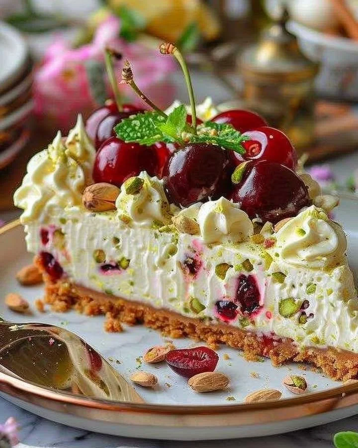 Delicious Lemon-Lime Cherry Pistachio Cheesecake topped with vibrant cherries and pistachios.
