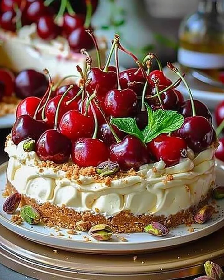 Lemon Lime Cherry Pistachio Cheesecake dessert with vibrant colors and textures.