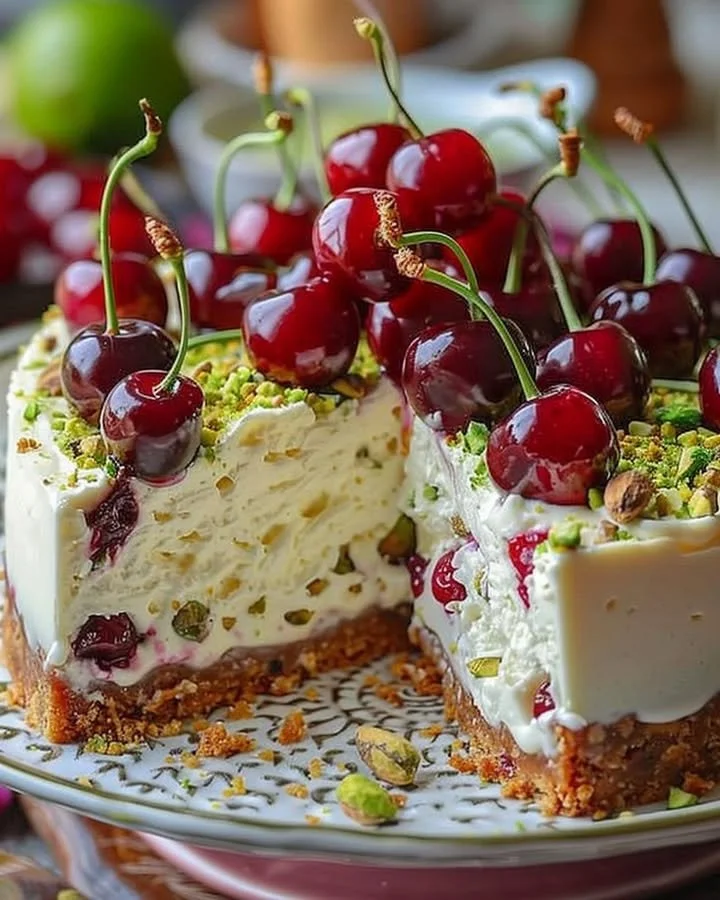 Lemon-Lime Cherry Pistachio Cheesecake slice on a plate