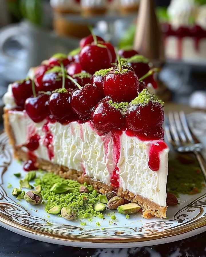 Lemon-Lime Cherry Pistachio Cheesecake slice on a plate with fresh fruit garnish