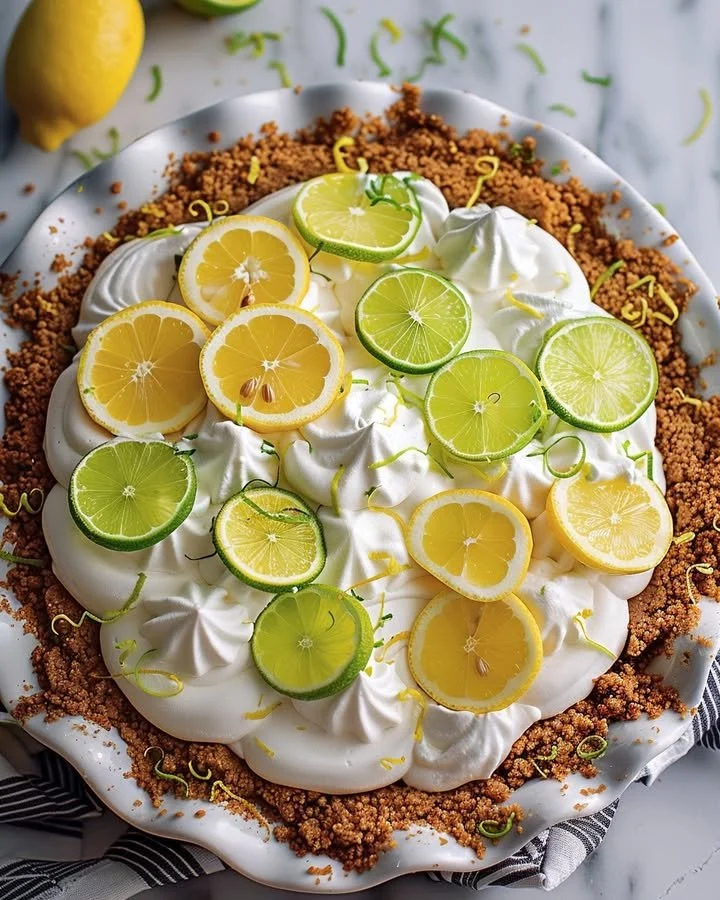 Slice of Lemon Lime Icebox Pie on a plate garnished with lime slices