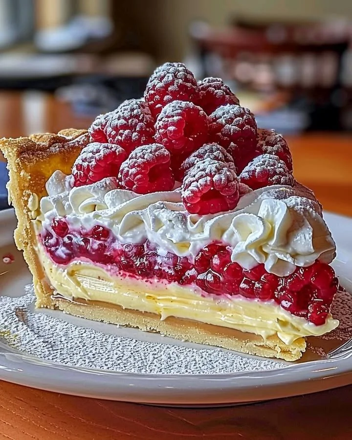 Lemon Raspberry Layered Pie with fresh raspberries and lemon zest atop a flaky crust