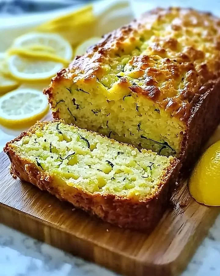 Slice of moist Lemon Zucchini Bread on a wooden cutting board