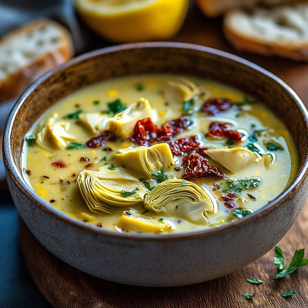 Bowl of Lemony Tuscan Artichoke Soup garnished with herbs