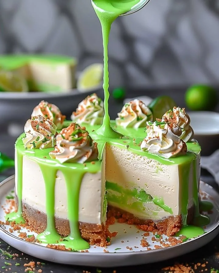 Slice of Lime Mousse Cheesecake topped with lime glaze on a white plate