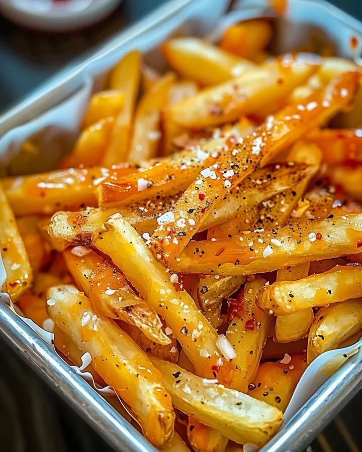 A plate of Louisiana Voodoo Fries topped with spices and sauces.