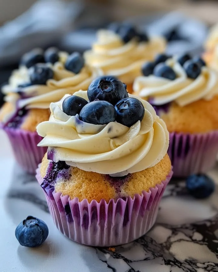 Delicious blueberry cupcakes with fresh blueberries and creamy frosting.