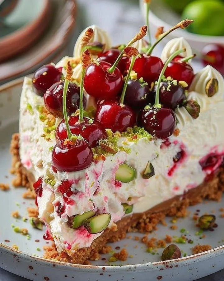 Luscious lemon-lime cherry pistachio cheesecake on a white plate