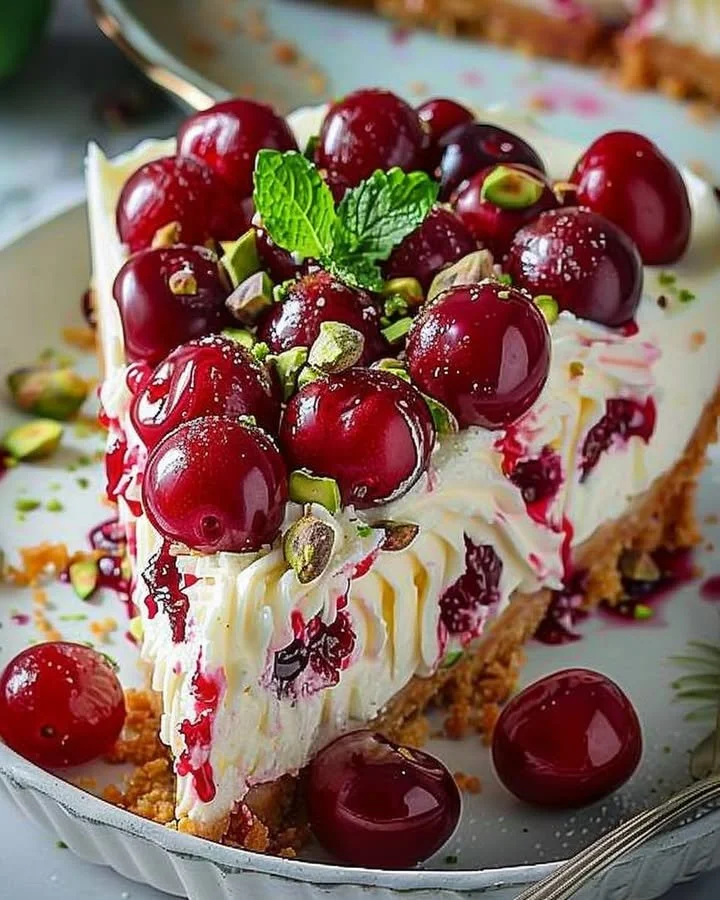 Luscious Lemon-Lime Cherry Pistachio Cheesecake topped with cherries and pistachios.