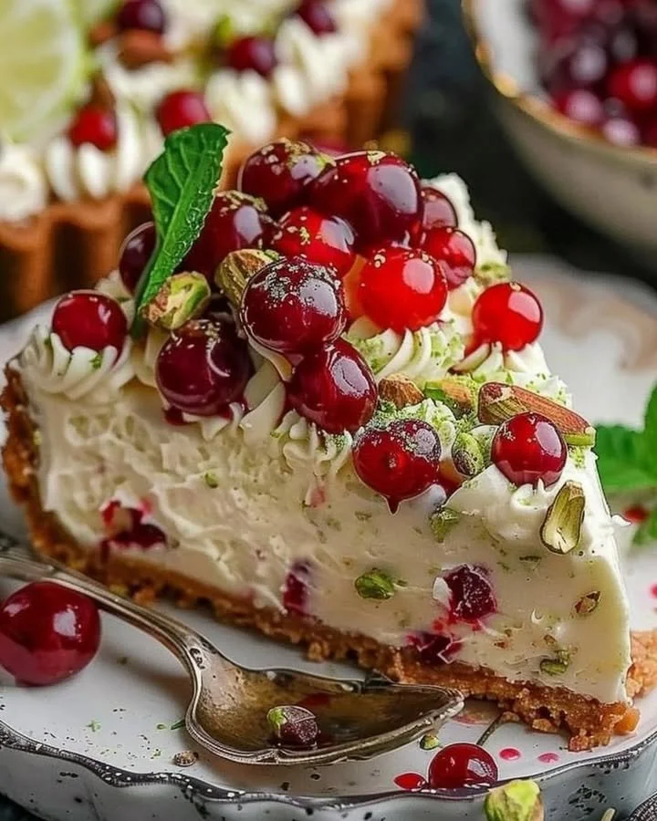 Lemon-lime cherry pistachio cheesecake with vibrant colors and toppings